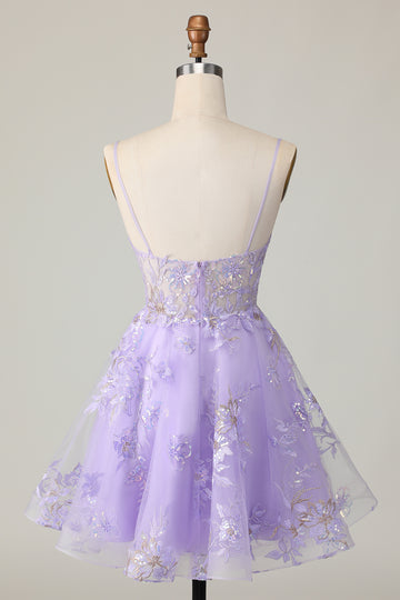 Sparkly Purple A Line Tulle Homecoming Dress with Appliques